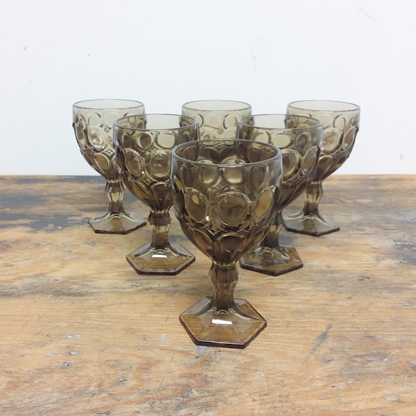 2-8 Glass Wine Goblets Taupe/Brown/Smoke Moonstone by Fostoria, Heavy Pressed Patterned Glass Stemware Colored Glassware