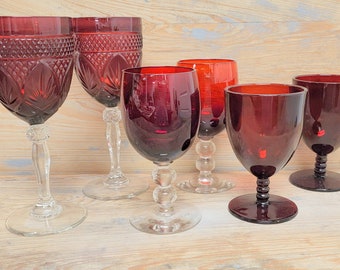 Mismatched Water Glass Goblets Ruby Red Clear Vintage Colored Stemware Wine