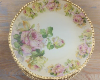 Beyer & Bock Cabinet/Side/Dessert Plates ~ Pink Roses Gold Rim ~ Prussia Royal Rudolstadt German Porcelain