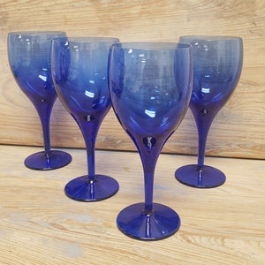 4 Wine/Water Glass Goblets Vintage Stemware Teardrop Blue (Mediterranean) by Libbey Glass Solid Blue