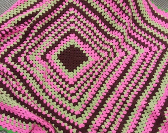 60" Square Crochet Throw Blanket Afghan Brown Pink Green Olive