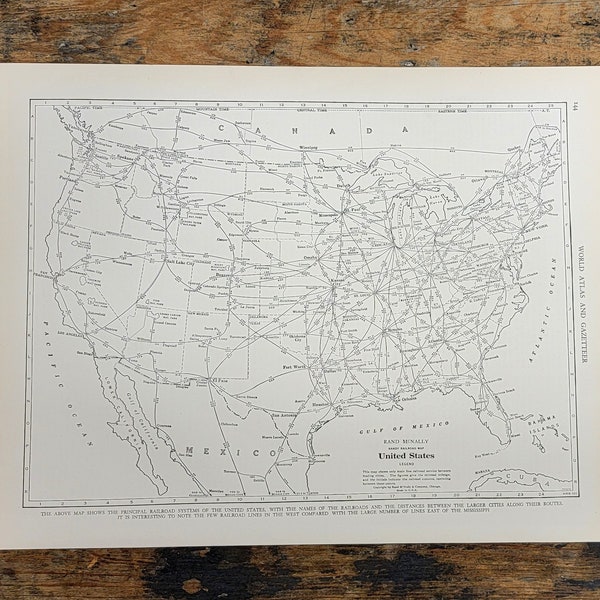 1935 Transcontinental Railroad System United States Map Mileage Chart Routes Vintage Black/White Print USA