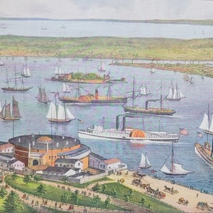 May include: A vintage illustration depicting a harbor scene with numerous ships and sailboats. The scene is dominated by a large, brick building with a rounded roof, possibly a fort or a warehouse. The water is a light blue, and the sky is a pale blue. The illustration is in a style reminiscent of 19th-century American art.