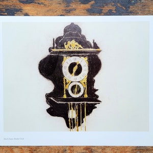 May include: A black and gold clock with Roman numerals on the face and a pendulum hanging below. The clock is painted in a style that resembles a charcoal drawing.