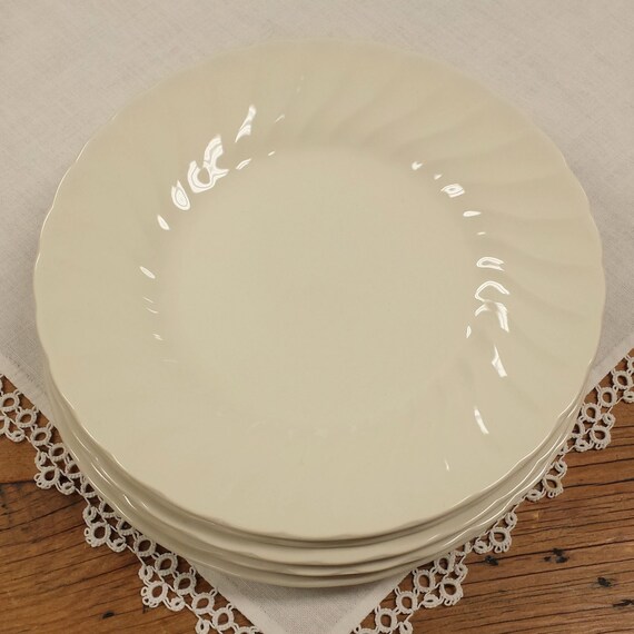 6 or 12 Salad/Dessert Plates by Churchill, Solid Off White with Swirl Rim ~ English Ironstone