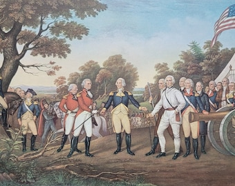 May include: A historical painting depicting a meeting between American and British military leaders during the Revolutionary War. The scene shows General George Washington, in blue and white uniform, shaking hands with a British officer in white uniform. Other officers stand in the background, some holding muskets and a cannon. An American flag flies in the distance.