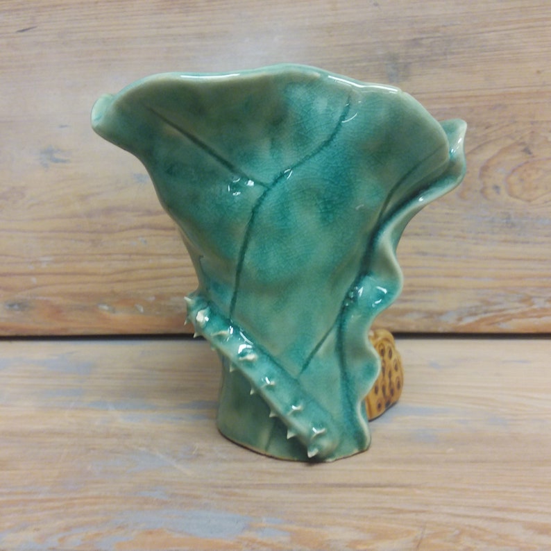 Vintage Cactus Shaped Vase ~ Green Ceramic Pottery Teal