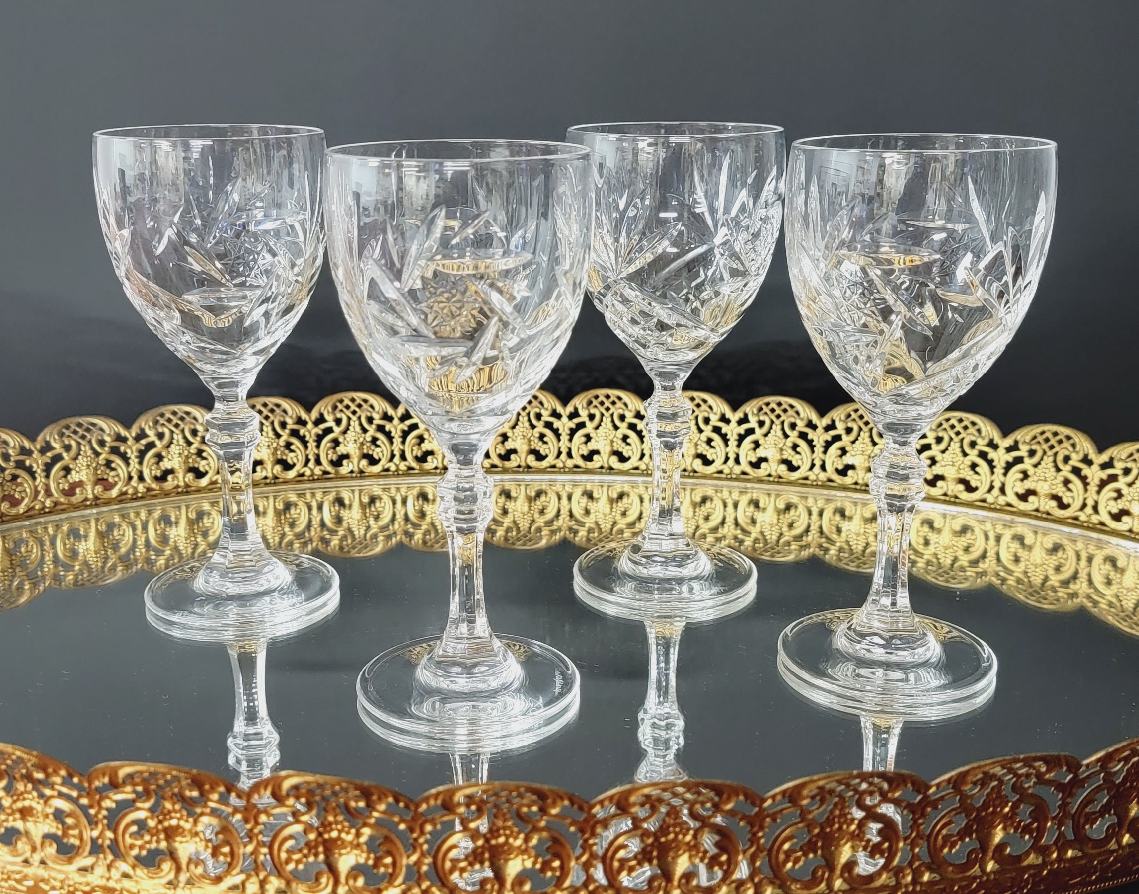 4 Copas de Vino Cristal de Paris 24% Plomo Cristal Vintage Corte Stemware  Ventilador de Molinete Stargazer Hobstar Fan -  España