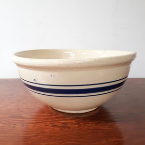 Hull 13" Blue Triple Striped Mixing Bowl Stoneware Pottery Vintage Yellow Ware Rustic Farmhouse French Country Decor