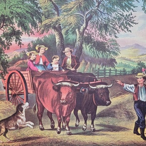 Haying Time First Last Load Currier & Ives Book Plate Print: mid 19th century early American farm hay bales harvest scene Americana artwork