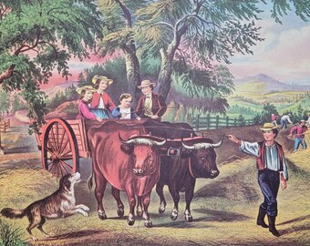 Haying Time First Last Load Currier & Ives Book Plate Print: mid 19th century early American farm hay bales harvest scene Americana artwork