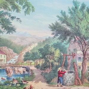 The Old Oaken Bucket Currier & Ives Book Plate Lithograph Art Re-Print: Early American Country Farm Scene Americana literary artwork