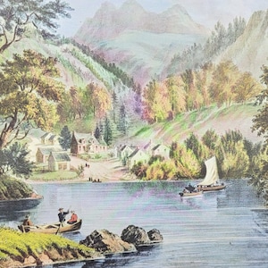 A Frontier Settlement Currier & Ives Lithograph Book Plate Art Print: early American lakes mountains western territory