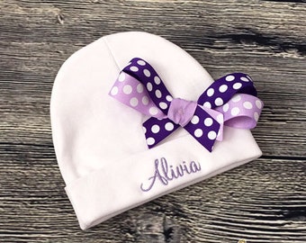 Personalize Hospital Beanie - Newborn Baby Girl Hat - Infant Hat with Name - Big Bow Beanie - Newborn Beanie with Bow - Name Hat for Baby