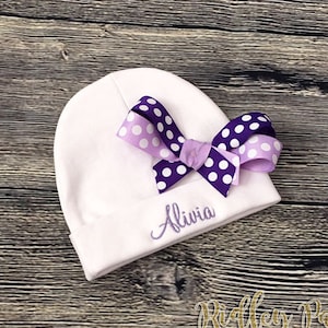 Personalize Hospital Beanie - Newborn Baby Girl Hat - Infant Hat with Name - Big Bow Beanie - Newborn Beanie with Bow - Name Hat for Baby