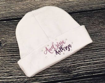 Monogram Newborn Girl Hat with Crystals, Personalize Infant Girl Beanie, Hospital Girl Hat, Personalise Girl Beanie, Custom Baby Shower Gift