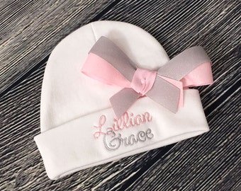 Personalize Baby Girl Hat - Newborn Personalized - Newborn Girl Hat - Monogram Hat with Bow - Baby Girl Hat with Bow - Newborn Hat with Name