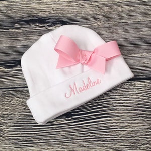 Newborn Girl Beanie - Personalize Infant Girl Hat - Monogram Baby Girl Hat with Bow - Personalize Hospital Beanie - Custom Hospital Hat Girl
