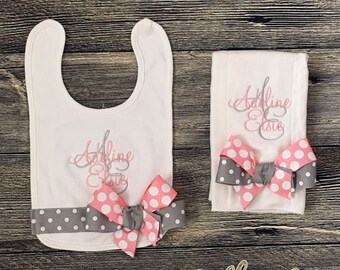 Baby Girl Bib & Burp Set - Pink Embroidered Dots main image 1
