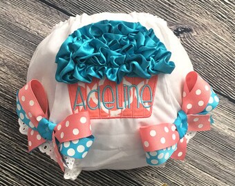 Birthday Cupcake Diaper Cover, Personalize Birthday Bloomer, First Birthday Cake Smash, Baby Girl 1st Birthday Bloomer, Coral Turquoise
