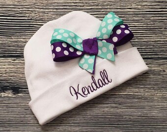 Monogram Baby Girl Hat - Baby Girl Beanie - Newborn Girl Hat - Hats for Baby - Personalized Hat - Baby Girl Hat with Bow - Gift for Newborn