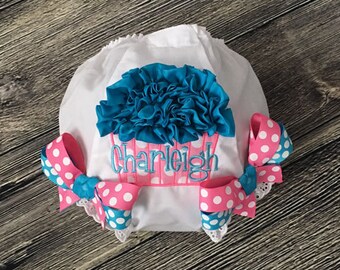 Birthday Cupcake Diaper Cover, Personalize Birthday Bloomer, First Birthday Cake Smash, Baby Girl 1st Birthday Bloomer, Hot Pink Turquoise,