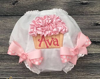 Personalize Cupcake Diaper Cover, Monogram Birthday Bloomer, First Birthday Cake Smash, Girl 1st Birthday Bloomer, Pink Cupcake Birthday