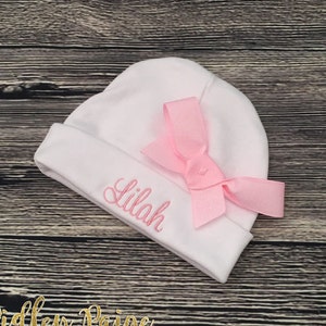 Personalize Baby Girl Beanie - Monogram Hospital Hat with Bow - Custom Baby Hat - Infant Beanie - Newborn Girl Hat - Big Bow Baby Beanie