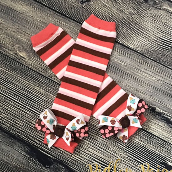 Ice Cream Cone Leg Warmers, Neopolitan Ice Cream Leggings, Toddler Girl Socks, Baby Leggings with Bows, Baby Shower Gift, Cake Smash Outfit