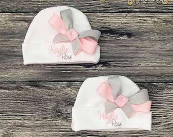 Personalize Baby Girl Hospital Hat - Infant Girl Beanie with Bow - Newborn Girl Hat - Monogram Infant Hat with Bow - Newborn Beanie with Bow