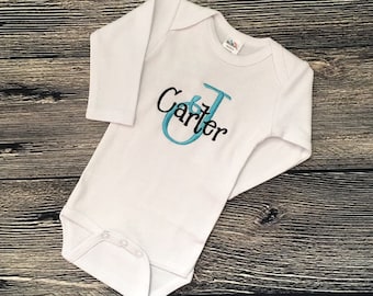 Monogram Baby Boy Bodysuit, Personalize Boy Bodysuit, Newborn Layette, Baby Shower Gift, New Baby Gift, Going Home Outfit, Infant Clothing