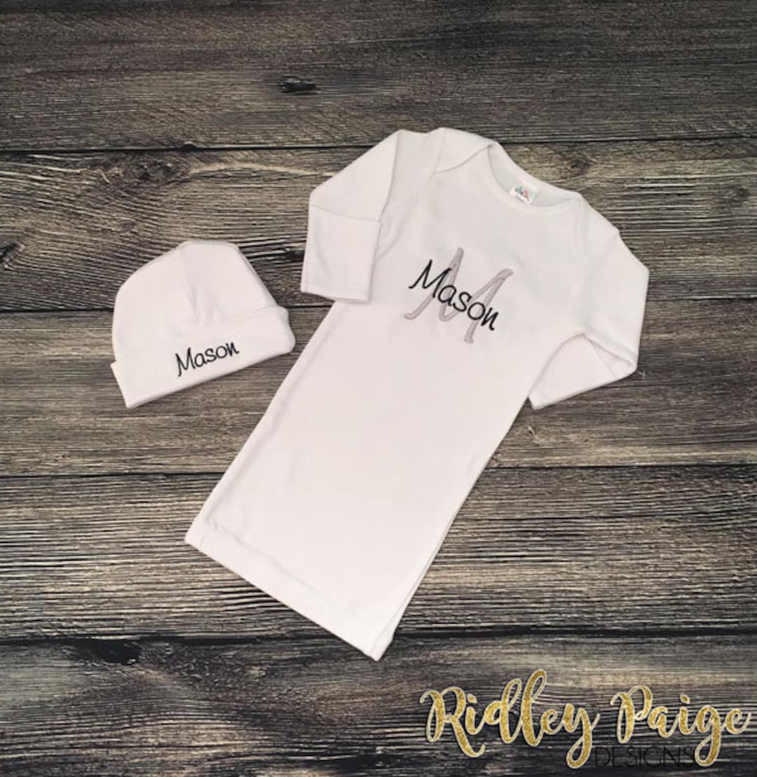 Personalize Baby Boy Gown and Hat Monogram Boy Layette Set Etsy