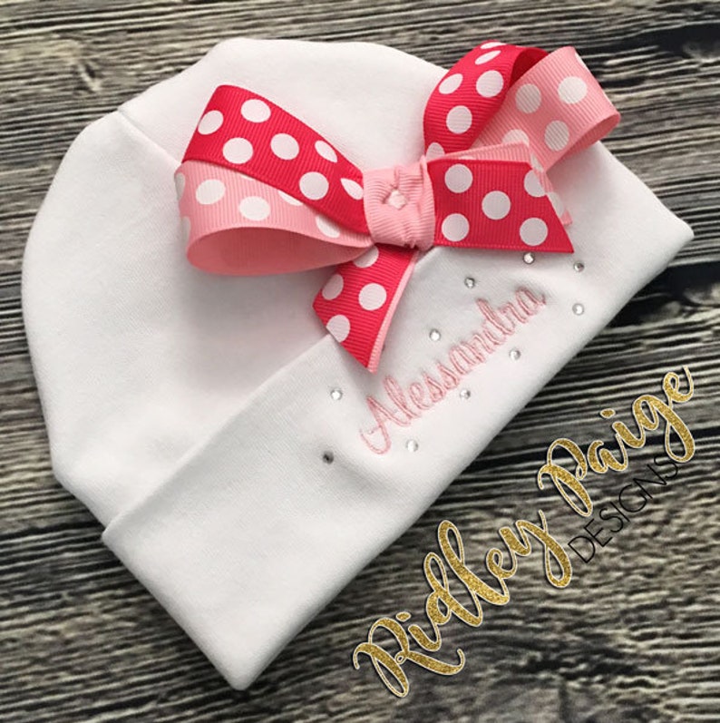 Name Hat with Bow Monogram Baby Hat Infant Layette Personalize Hospital Hat Baby Shower Gift Take Home Hat Newborn Baby Girl Beanie