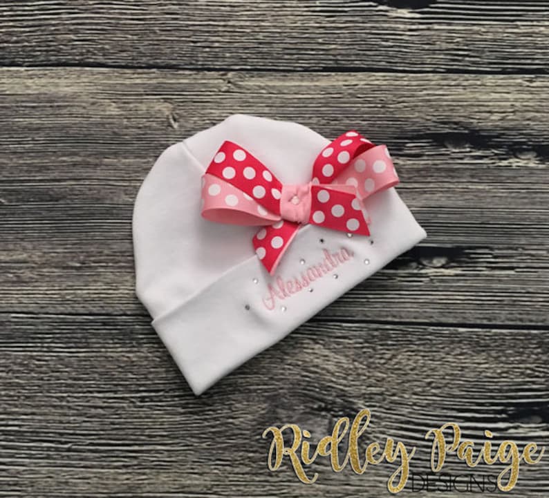 Name Hat with Bow Monogram Baby Hat Infant Layette Personalize Hospital Hat Baby Shower Gift Take Home Hat Newborn Baby Girl Beanie