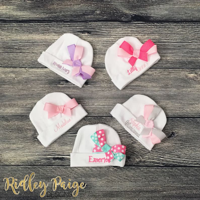 Name Hat with Bow Monogram Baby Hat Infant Layette Personalize Hospital Hat Baby Shower Gift Take Home Hat Newborn Baby Girl Beanie