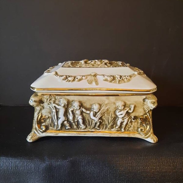R. Capodimonte Made in Italy Vintage Footed 1960's Porcelain 3D Casket Trinket Box Cherubs And Animals Design