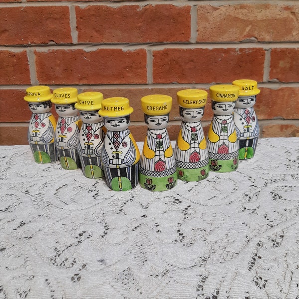 Vintage 1950s Anita Nylund Style Familjen Pepparson Ceramic Spice Shakers   Set of 8   MCM