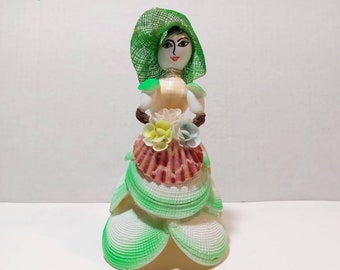 Vintage 1950's Seashell Lady Figurine  Kitschy  Handcrafted  Handpainted  Fabric Hat