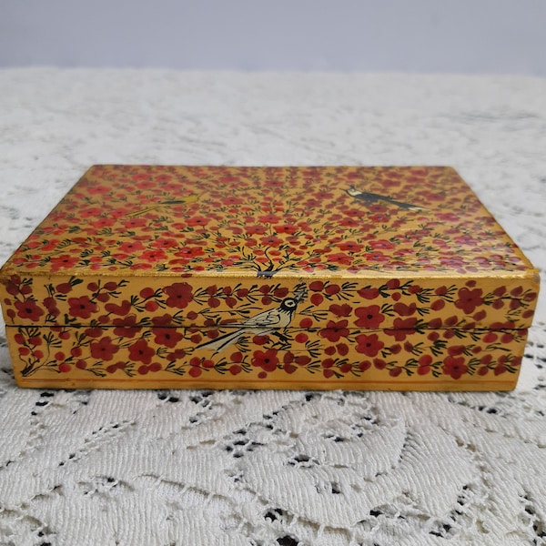 Kashmir Black Lacquer Wood Box   Handpainted Gold With Red Flowers And Birds   Vintage 1980s   Trinket Box   Jewelry Box   Whatnot Box