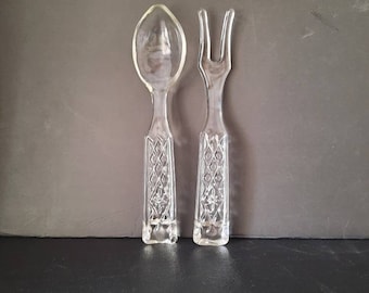 Vintage Crystal Serving Fork Anchor Hocking Wexford Pattern Salad Server Glass Utensil Clear Glass Fork