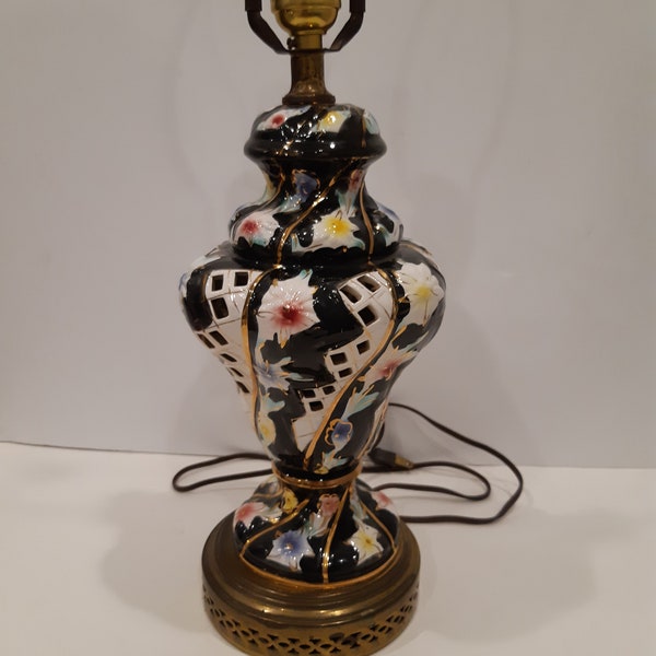 1950's Italian Capodimonte Table Lamp  Made in Italy   Made of Porcelain   Hand Painted  MCM   Mid Century Modern    Floral Design