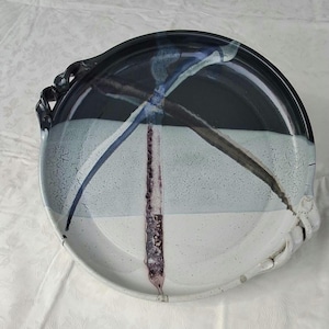 Pottery Serving Platter   Handmade   Signed Pottery  13 Inch Diameter   Round Platter   Blue Color With Design