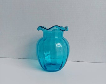 Blue Optic Vase  Hand Blown   Ruffle Top   5 1/4 Inches Tall