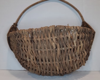 Vintage Primitive Wall Hanging Basket  Hand Woven Grapevine Wicker Basket Willow Rattan  Handle