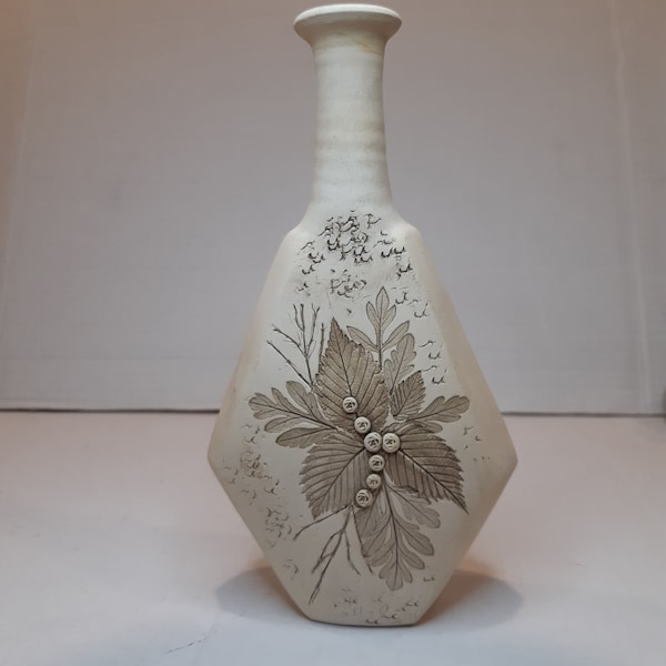 Flora McDowell Earthenware Bud Vase   Signed   Blue Inside Vase   Floral Relief Vase