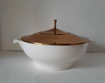 Kenilworth U.S A. Retro 1950's Ceramic Serving Bowl Oven Proof BowlWith Handles Brass Lid