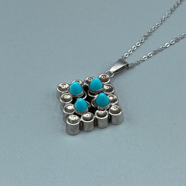 Vintage Turquoise Geometric Modernist Grid 830 Silver Pendant Necklace, Finland