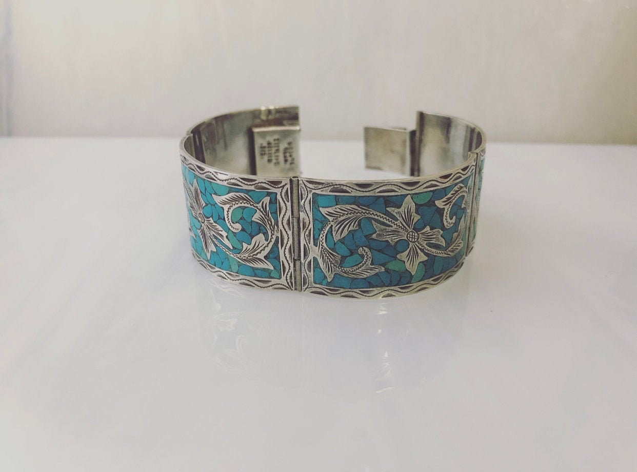 Vintage Sterling Silver and Crushed Turquoise Artisan Floral Panel ...