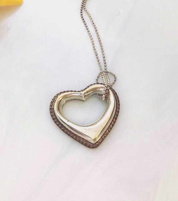 Vintage Open Heart Sterling Silver and Brass Pendant Signed Laton, Mexico