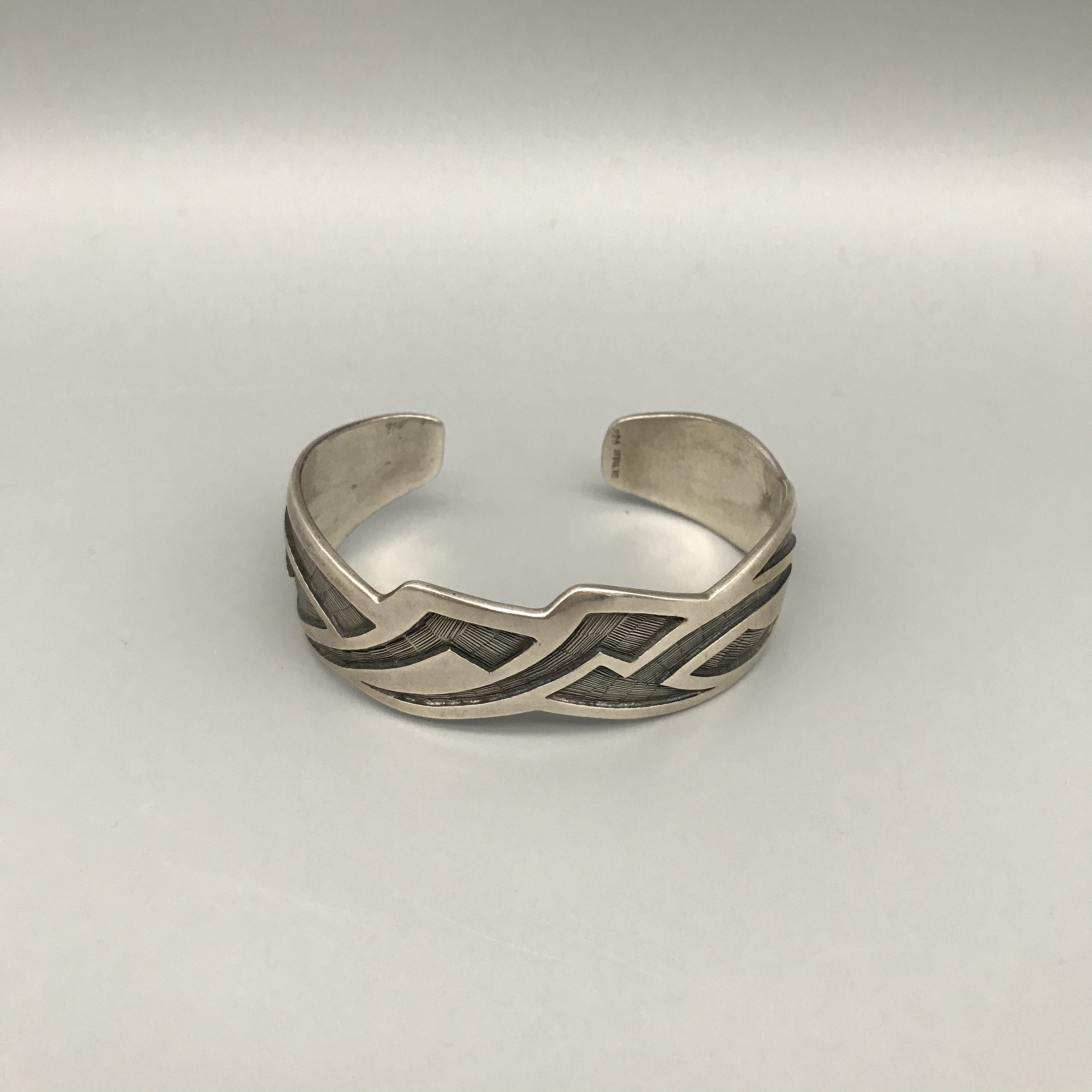 Vintage Sterling Silver Etched Tribal Motif Cuff Bracelet